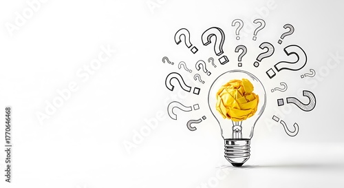 A crumpled yellow ball inside a lightbulb surrounded by question marks, isolated on white background