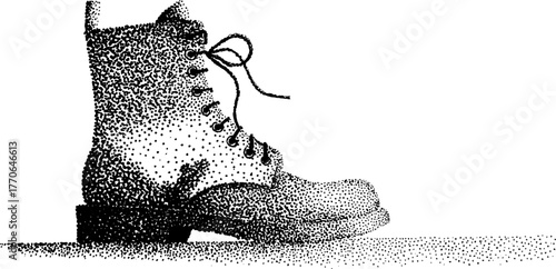 Black and white combat boot footprint pattern in dotwork style for vintage design