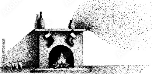 Cozy black and white fireplace scene with stockings for christmas decor design