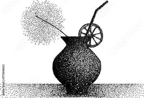 Black and white dotwork illustration of cracked amphora with straw and lemon slice