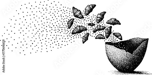 Black and white illustration of a cracked amphora with croissants in surreal dotwork style