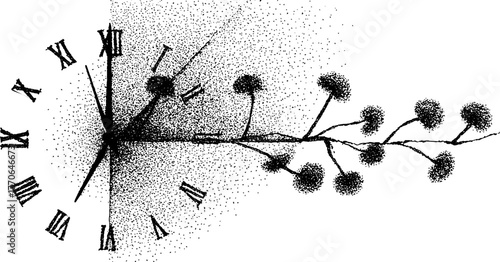 Surreal cracked clock face with flowing abstract design in black and white for artistic decor