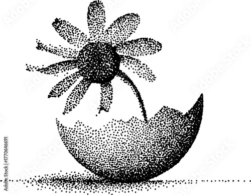 Emerging flower from cracked eggshell with vintage dotwork design