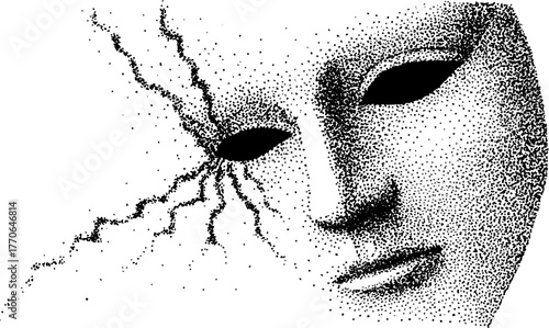 Surreal black and white illustration of cracked mask with light emanation for artistic design