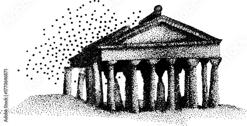Black and white dotwork illustration of an ancient cracked temple pediment with classical columns.
