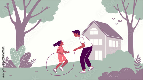 Father and daughter playing jump rope together outside near house in a peaceful natural setting