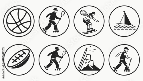 Set of black and white round icons representing various sports and recreational activities