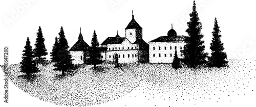 Enchanting winter landscape with crystal palace and evergreen trees in halftone style