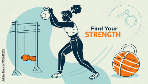 Woman training with kettlebell in modern gym illustration, promoting fitness and strength concept