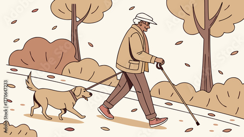 Senior man walking with dog in autumn park using trekking poles on a windy day