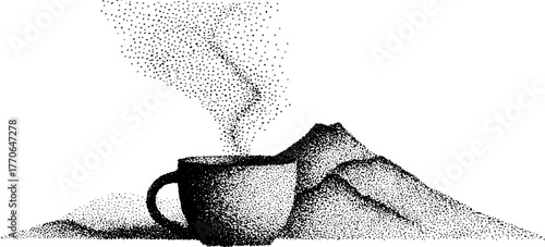 Black and white coffee cup with steam in stipple art for cafes and decor