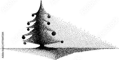 Festive black and white illustration of decorated evergreen tree for holiday design