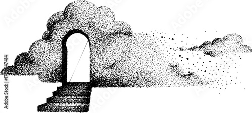 Surreal door floating in the sky with clouds - dreamlike black and white art