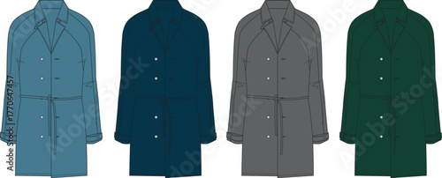 A collection of four different colored trench coats, each with a belt around the waist