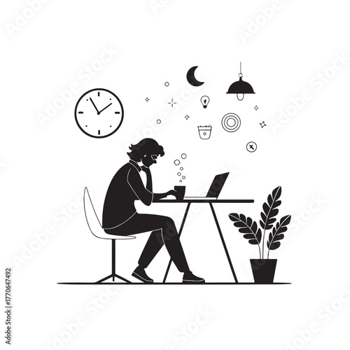 Woman working on laptop at desk with plant and office elements Keywords: woman, laptop, desk, chair, coffee, plant, idea, lightbulb, clock, moon, lamp, work, study, home office, remote work