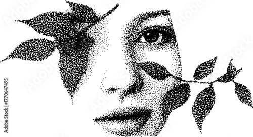 Mysterious female face partially concealed by leaves in stipple art style