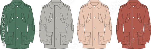 Colorful collection of military-style utility jackets. Flat vector design template for outdoor apparel and casual menswear