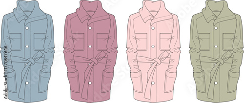 A collection of contemporary trench coat fashion concepts presented in crisp line art illustrations, showcasing various pastel color options for modern apparel design