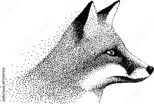 Intricate black and white fox head dotwork illustration for art and design