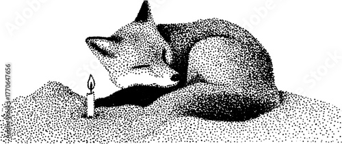 Tranquil fox resting by candlelight - stipple art design for posters and prints