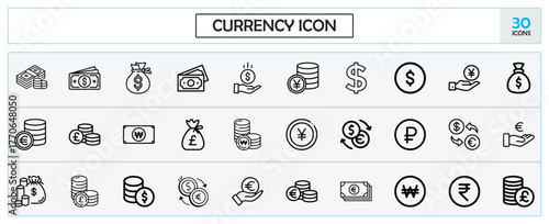 Represents money or a specific form of currency, such as a dollar sign ($), euro sign (€), yen sign (¥), or a stack of coins/bills.