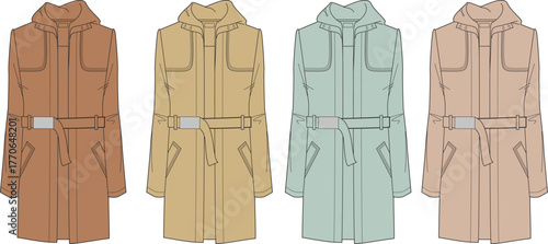 Fashionable collection of four hooded trench coats, each featuring a classic belted design in distinct color options, ideal for showcasing apparel and outerwear trends