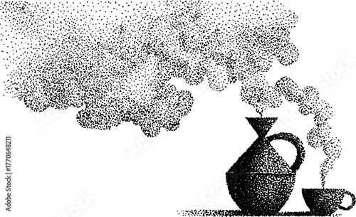 Black and white greek amphora with emitting clouds in stipple effect for vintage design