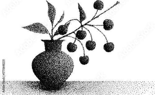 Black and white greek amphora with flowing fruits in vintage dotwork style for classic design