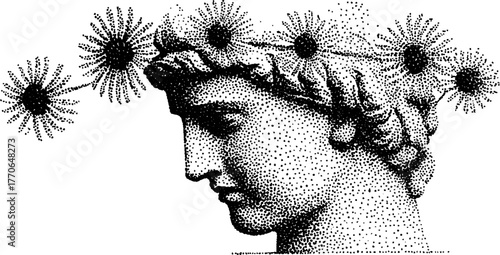 Classical greek bust adorned with floral crown in vintage halftone effect
