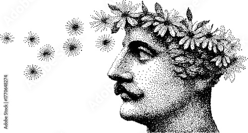 Greek bust with laurel crown in vintage stipple effect for classic design