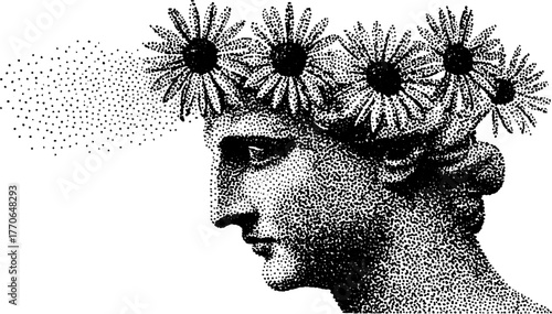 Classical greek bust with floral crown in black and white dotwork style for art design
