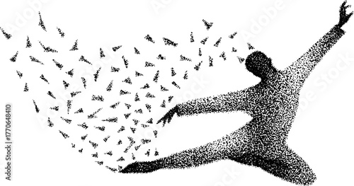 Greek mythology figure dissolving into particles - vintage dotwork illustration