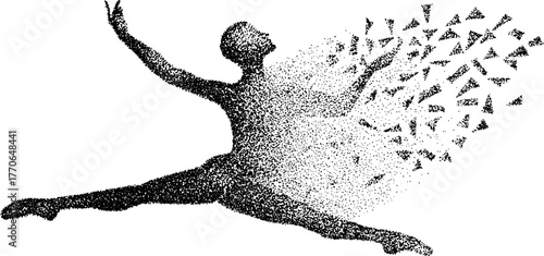 Graceful greek figure in motion with dissolution effect - black and white art for design