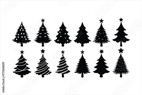 Collection of stylized christmas trees with star toppers for festive holiday designs