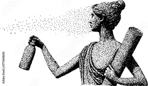 Vintage greek goddess statue with scroll and bottle - dotwork art for design