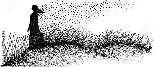 Serene greek goddess statue in nature scene with halftone effect for artistic design