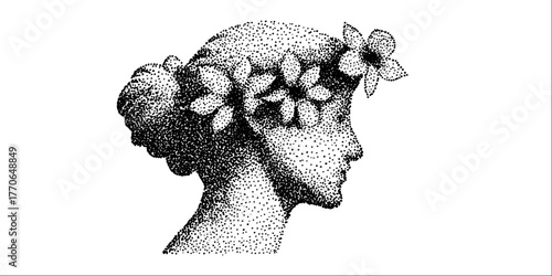 Black and white dotwork illustration of greek goddess statue with floral headpiece