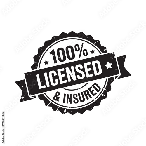 100 percent licensed and insured emblem with stars and ribbon