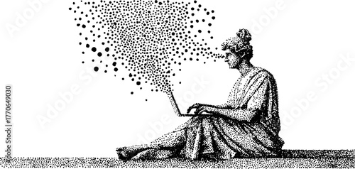 Vintage dotwork illustration of a greek philosopher using a laptop in stipple art style