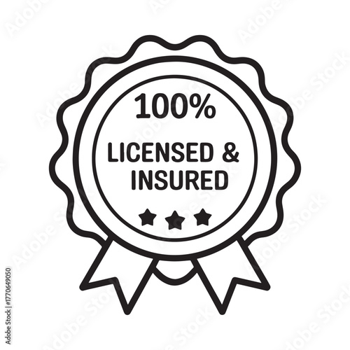 100 percent licensed and insured emblem with ribbons and stars