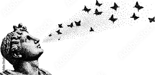 Black and white greek statue with gazing upward and dotwork butterflies in motion