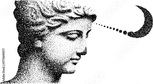 Black and white halftone illustration of an illuminated greek statue with moon phase