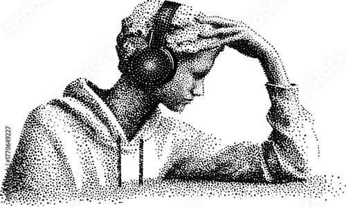 Greek statue with headphones: a dotwork exploration of classical and modern fusion