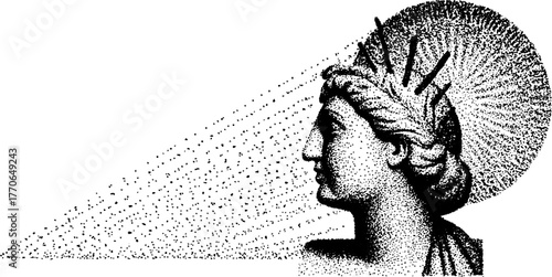 Black and white greek statue with halo - vintage dotwork art for artistic projects