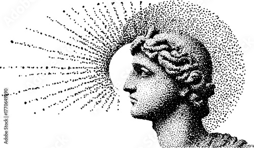 Halftone illustration of greek statue with radiant halo for art and design