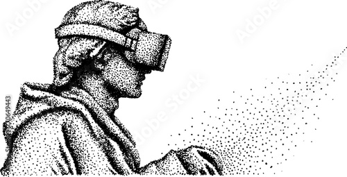 Greek warrior statue with virtual reality headset in vintage dotwork style