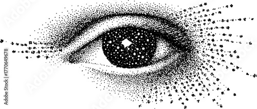 Cosmic vision: black and white stipple art of a human eye with starry elements
