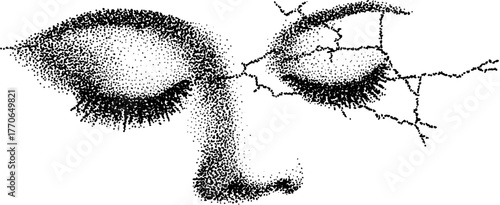 Abstract black and white illustration of a fragmented human face with a stipple effect
