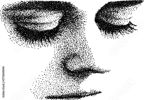 Abstract human face melting into geometric forms featuring stipple technique