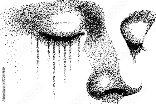Abstract black and white illustration of a melting human face with geometric features